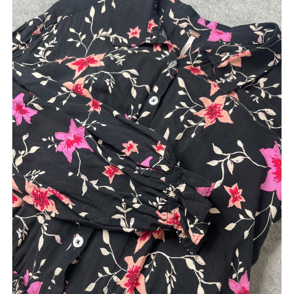 Free People Floral Mini‎ Dress Long Sleeve Smocked Waist Casual Black S